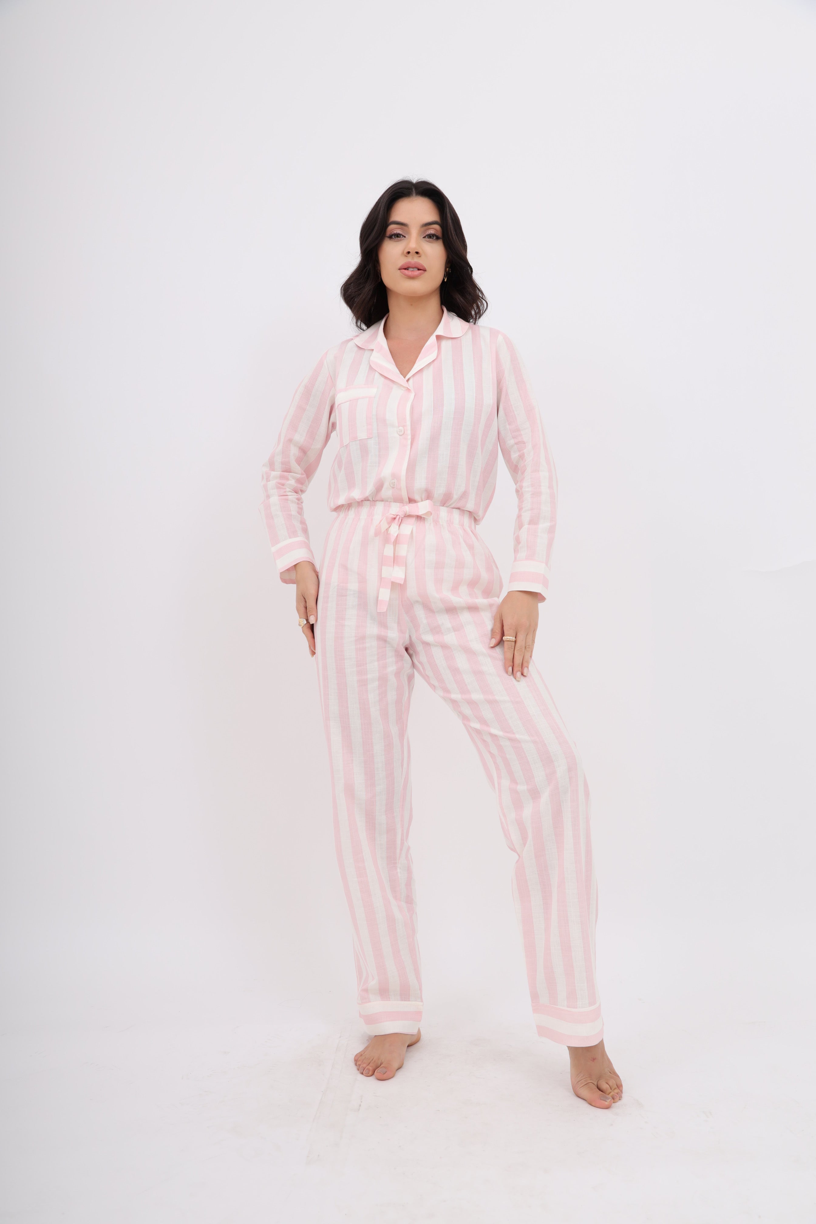 Pijama Americano Longo Algodão Flame Listrado Rosa Claro