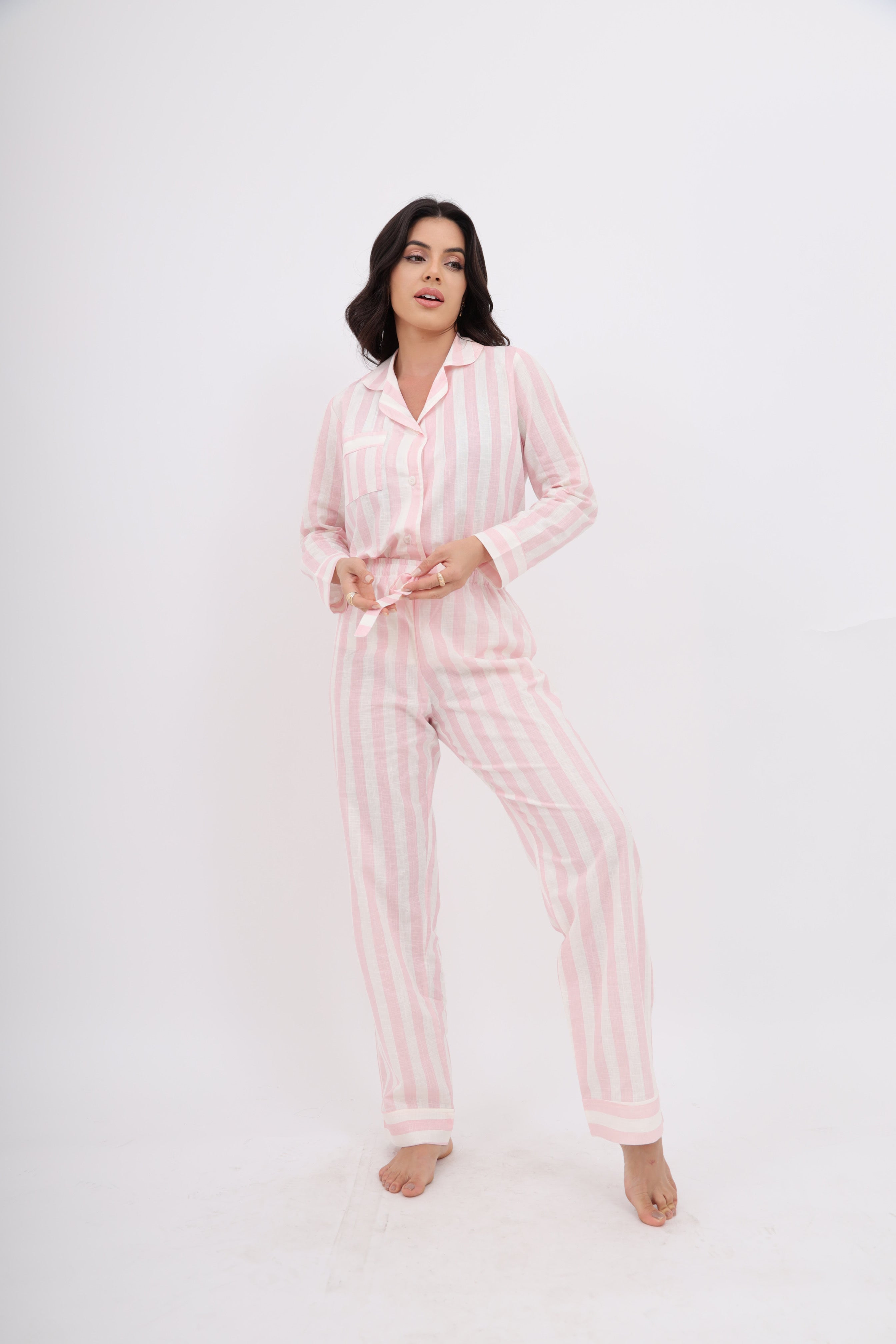 Pijama Americano Longo Algodão Flame Listrado Rosa Claro