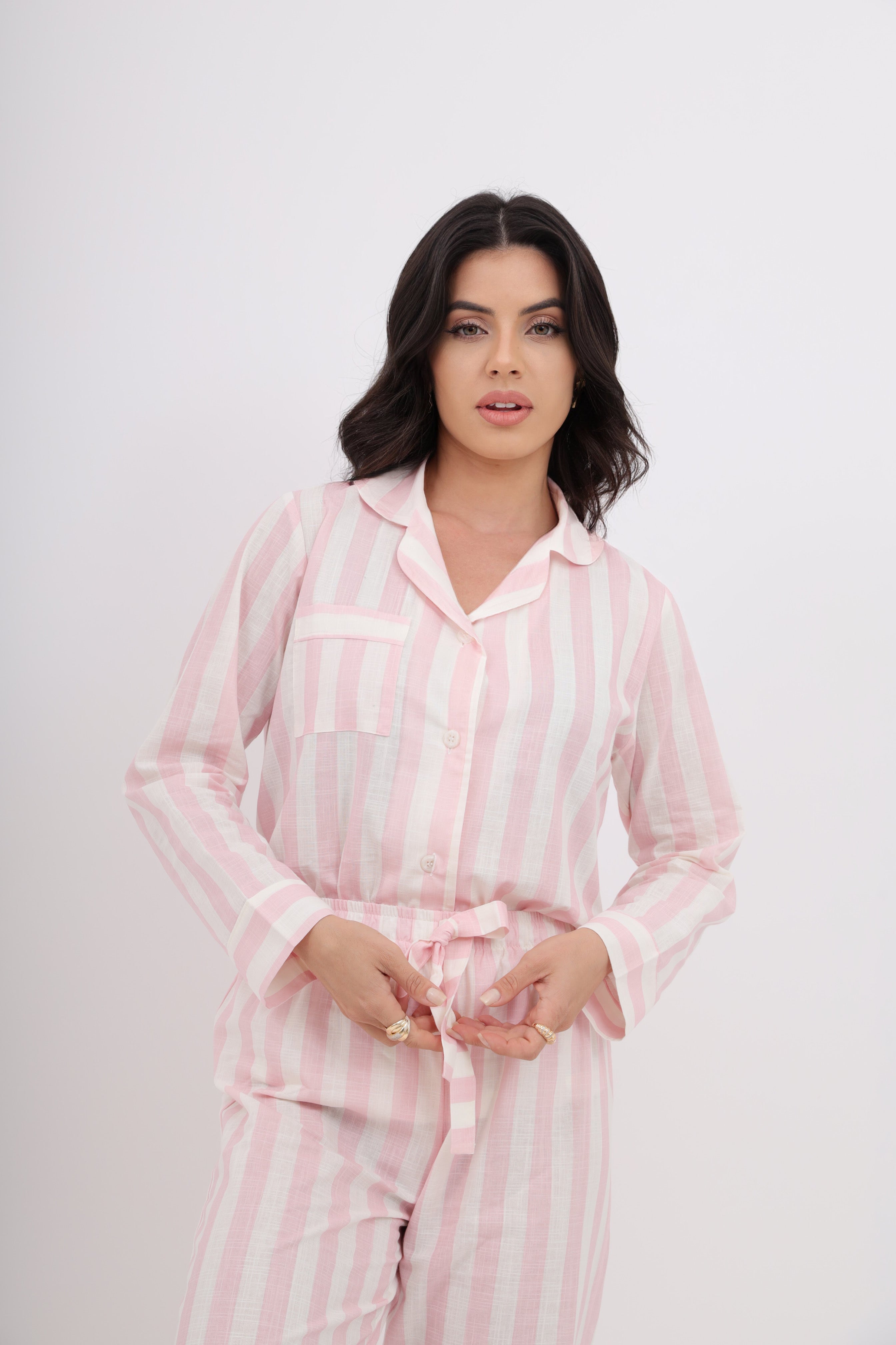 Pijama Americano Longo Algodão Flame Listrado Rosa Claro