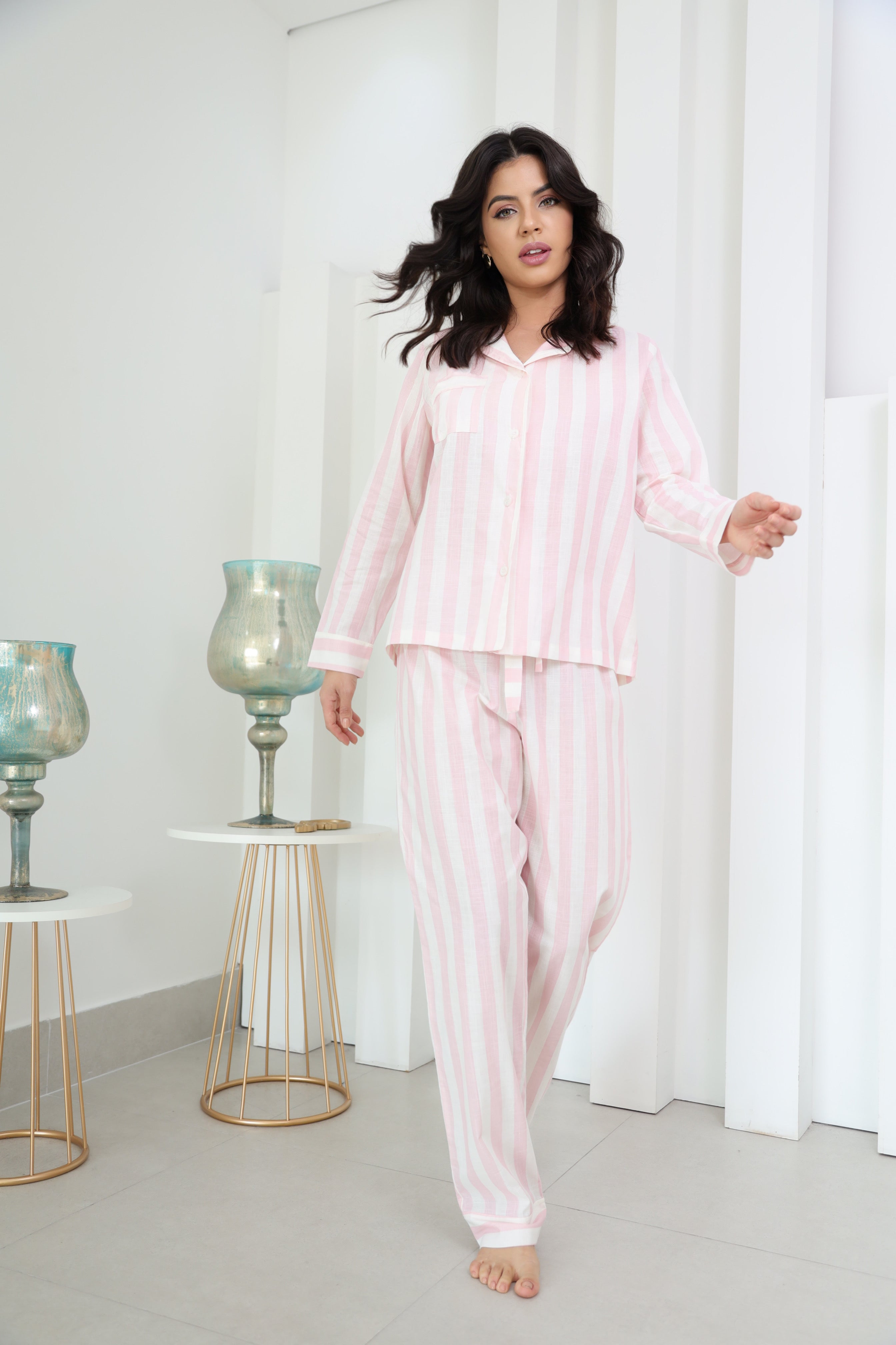 Pijama Americano Longo Algodão Flame Listrado Rosa Claro