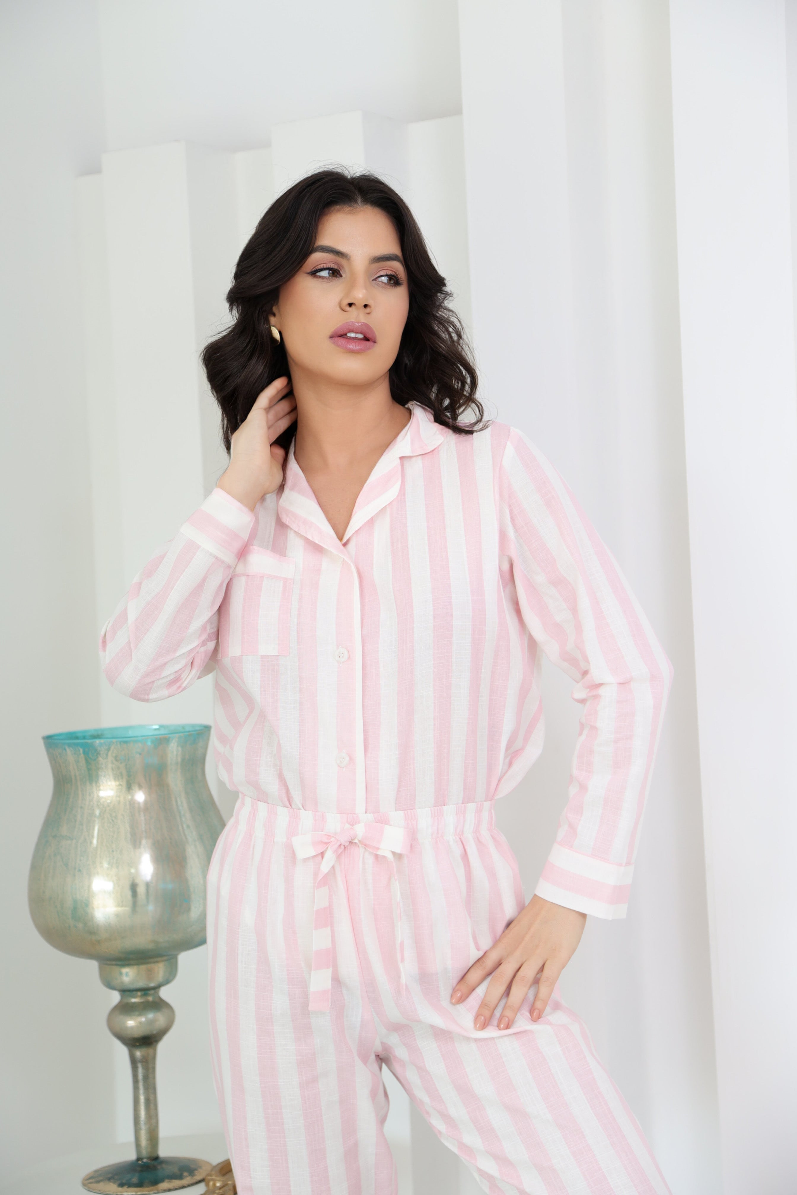 Pijama Americano Longo Algodão Flame Listrado Rosa Claro