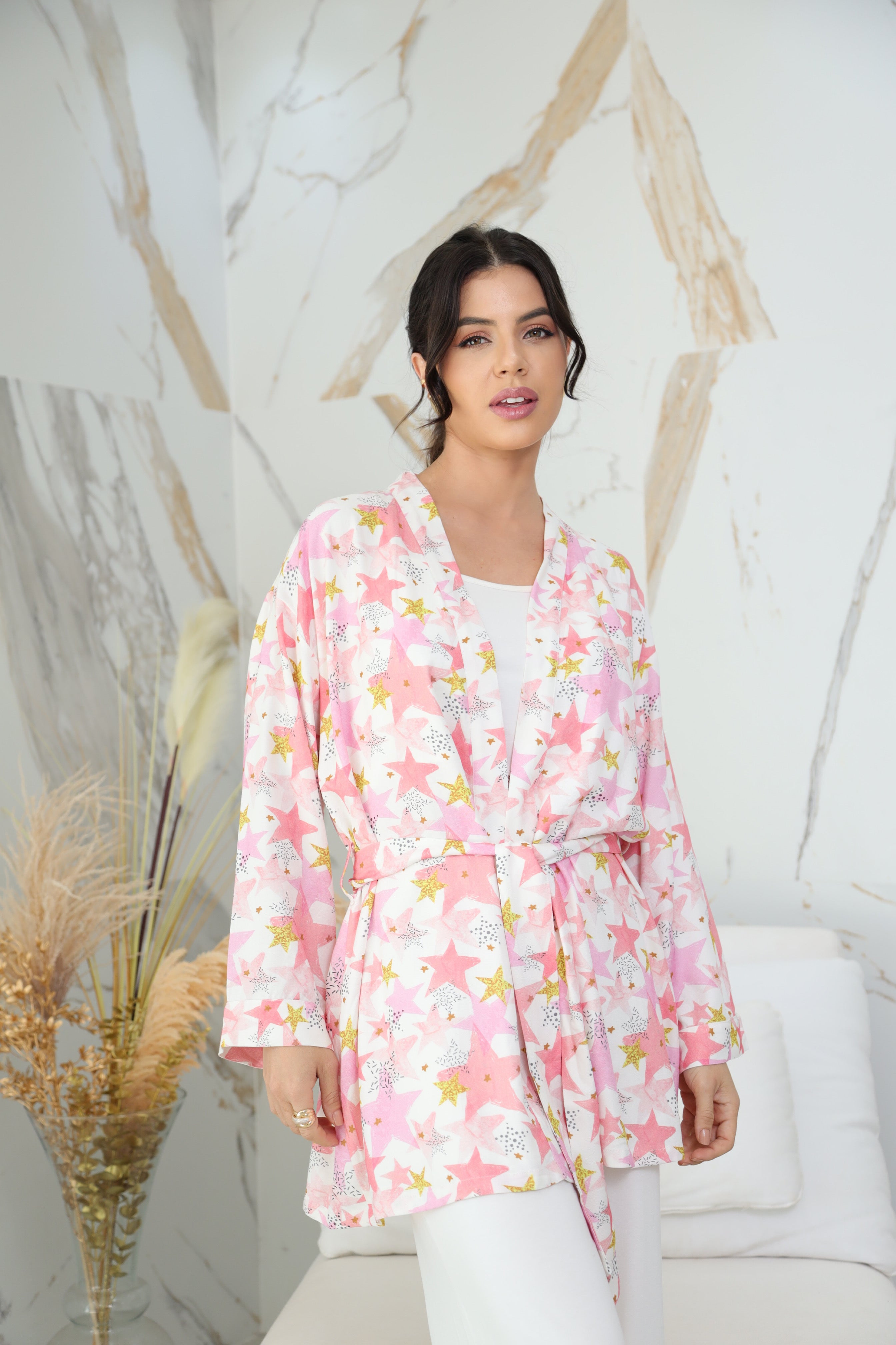 Pijama Americano Longo Três Peças Claro e Kimono Viscolinho