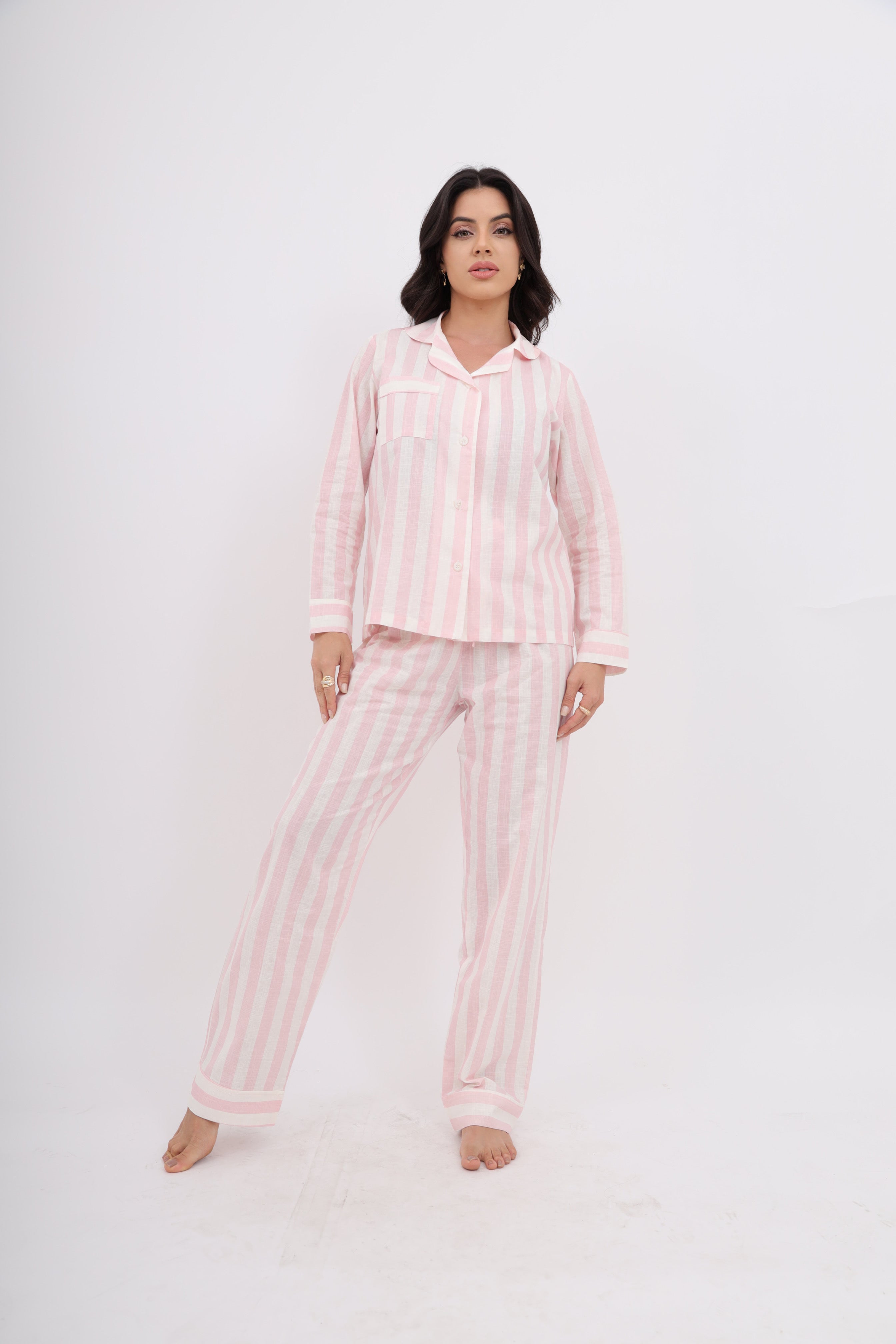 Pijama Americano Longo Algodão Flame Listrado Rosa Claro